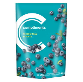 Blue package of Compliments Frozen Blueberries